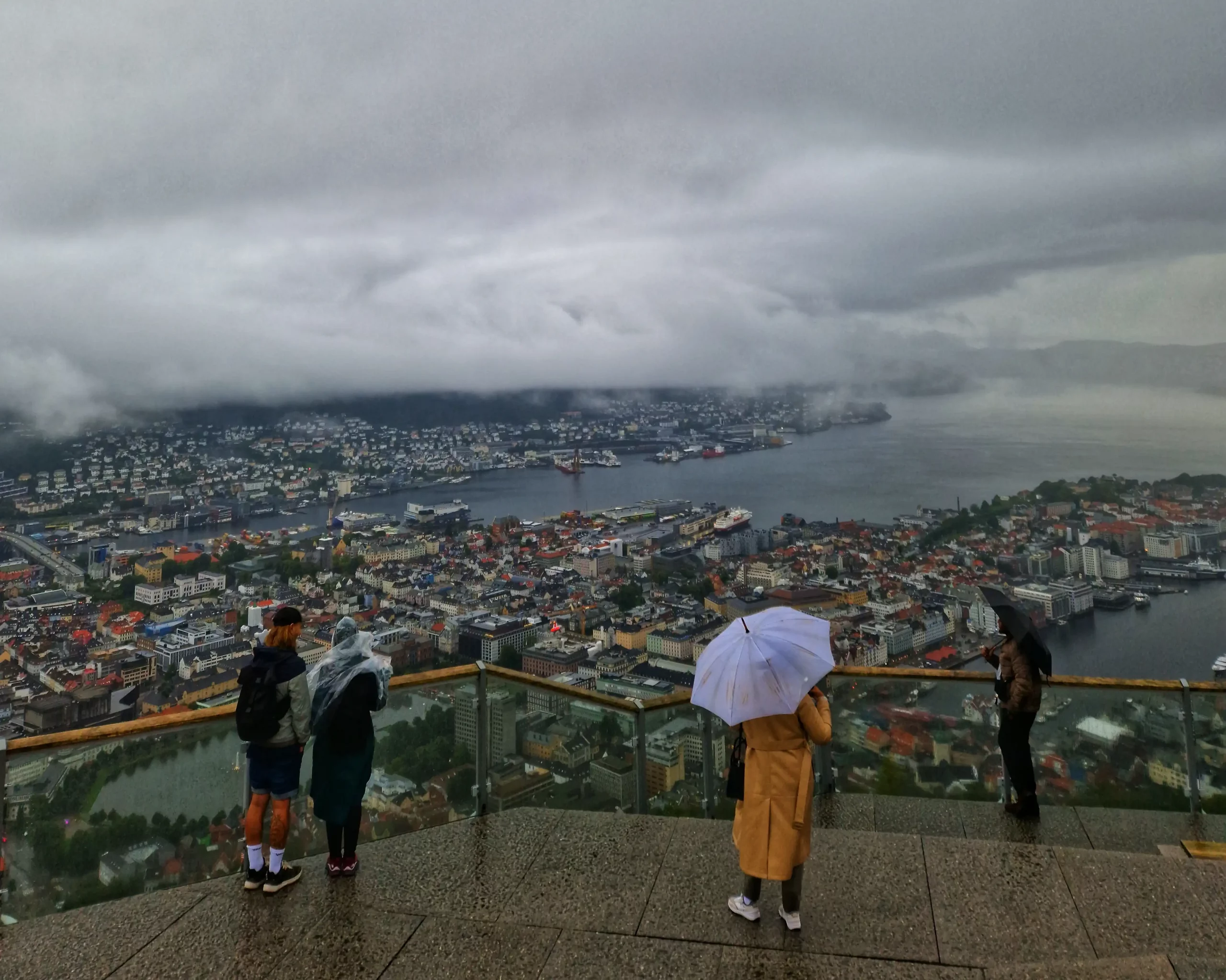 Panoramic view of Bergen with colorful waterfront buildings, surrounding mountains, and the harbor stretching into the fjords.