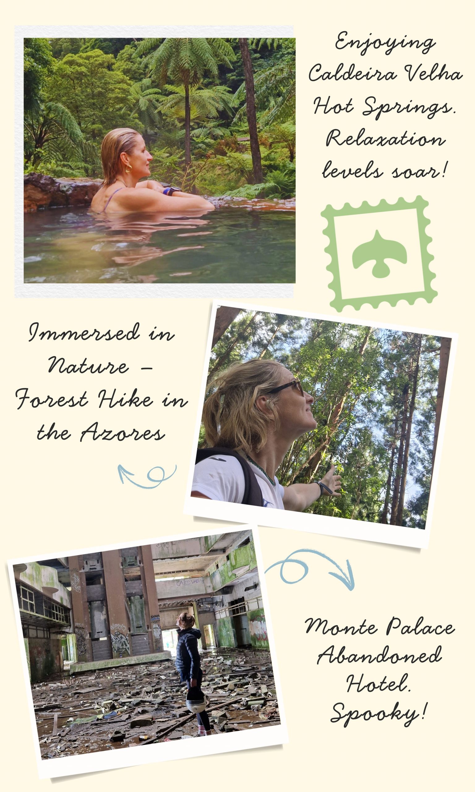 Three contrasting scenes from São Miguel: thermal waters at Caldeira Velha, a forest hike surrounded by trees, and the Monte Palace abandoned hotel