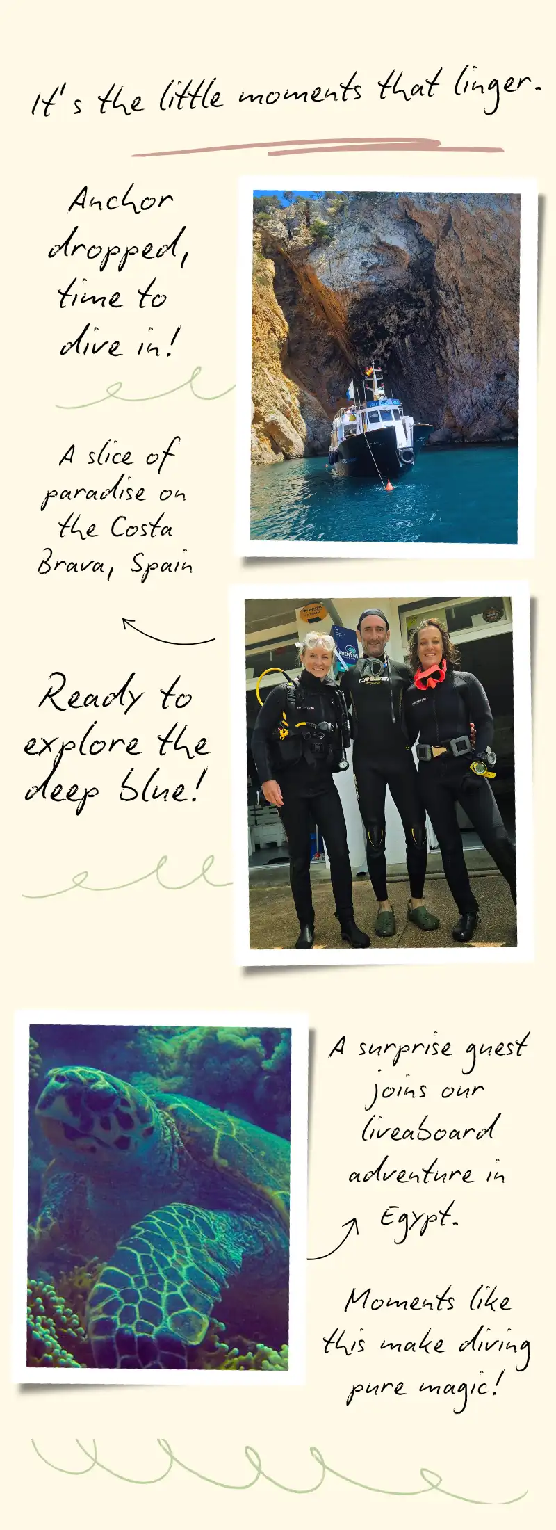 Suz underwater with a turtle, moments that stick and lifelong skills in action