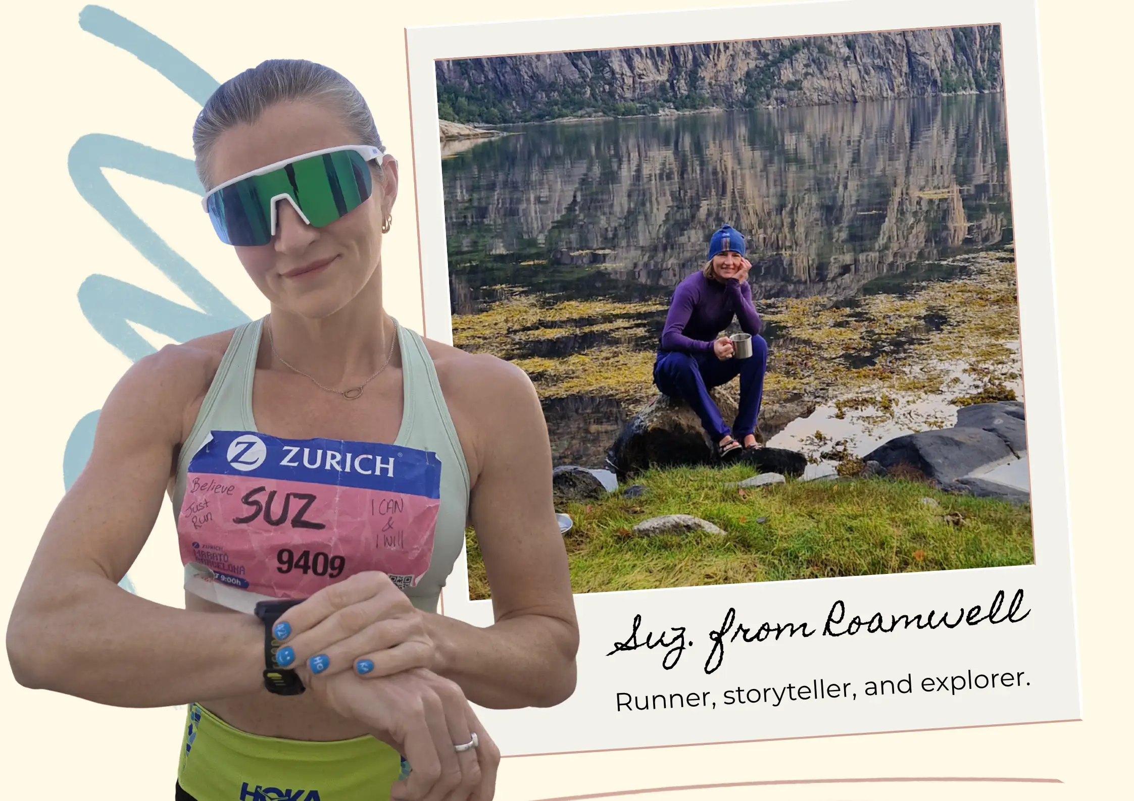 Female runner in race gear overlooking a dramatic Norwegian landscape, representing travel, endurance, and an active lifestyle.